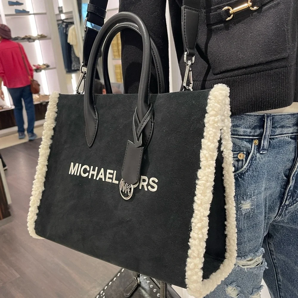 MICHAEL KORS Mirella Medium Suede and Faux Shearling Tote Bag Black  NWT